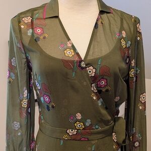 Sheer Silk Floral Wrap Midi Dress in Olive Green SM